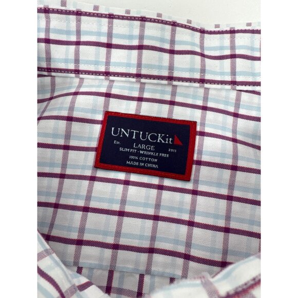 UNTUCKit Button Up Dress Shirt Men's Large Long Sleeve White Burgandy Plaid - Picture 4 of 5